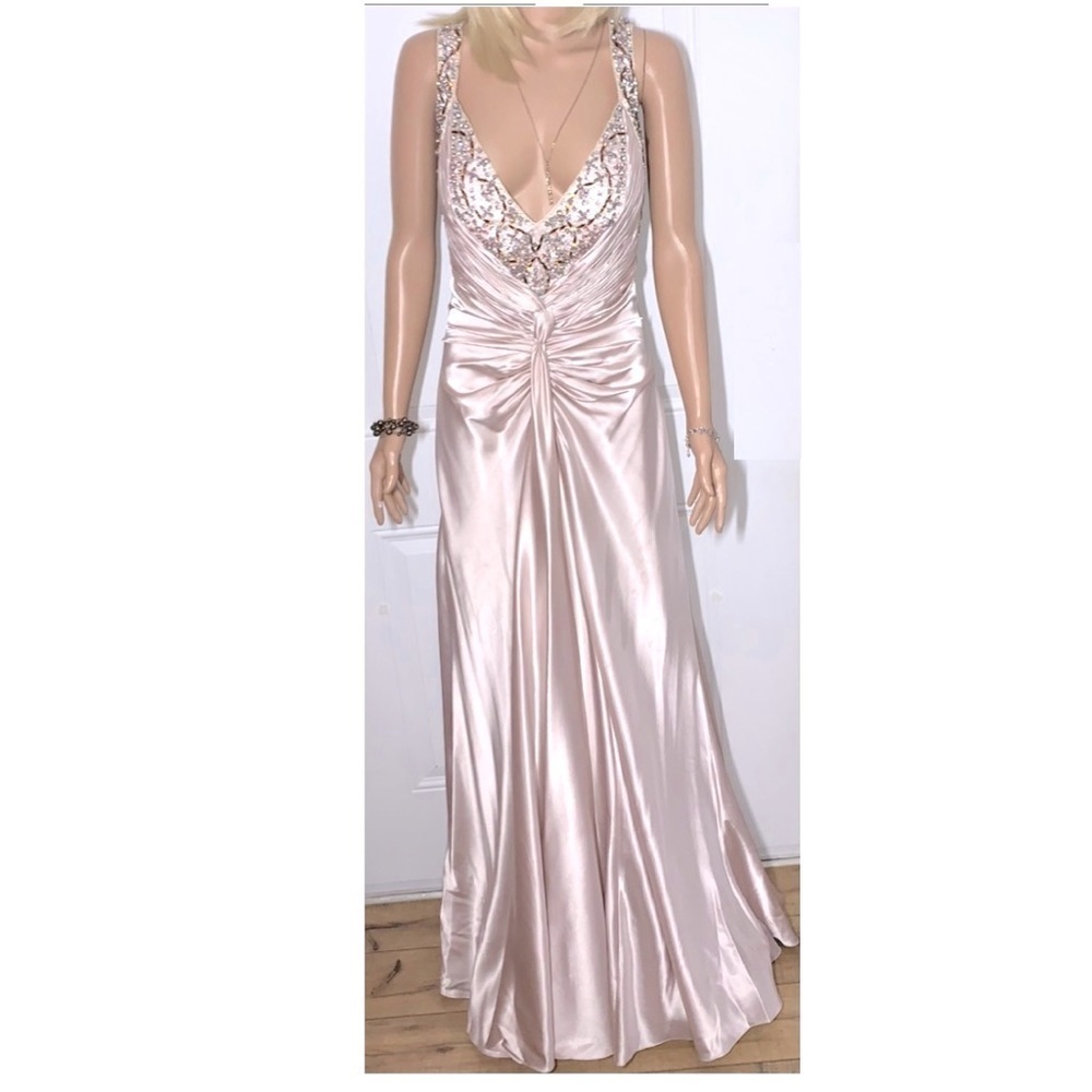 Anna Scott Champagne Satin Halter embellished floor length Gown 10